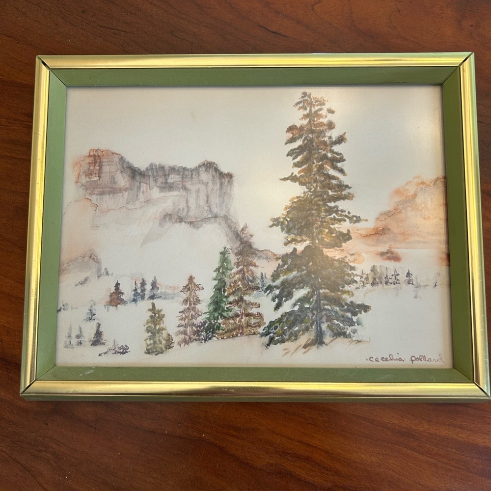 Vintage Framed Landscape Watercolor Painting By Cecelia Pollard Frame 9 X 7.25”